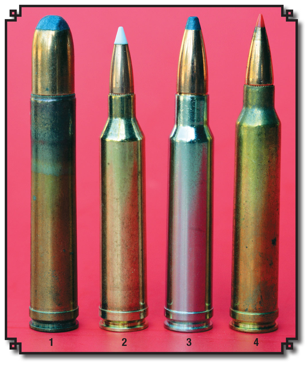Winchester introduced a series of “short magnum” cartridges that began with the (1) .458 in 1956, (2) .264 in 1959, (3) .338 in 1958 and the (4) .300 Winchester Magnum in 1963.